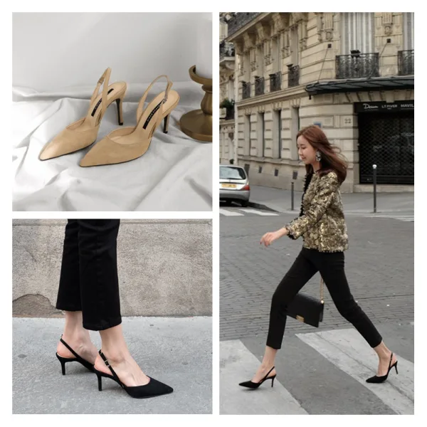 Schlicht Beige Büro OL Slingpumps Sandalen Damen 2020 Wildleder 8 cm Stilettos Spitzschuh Sandaletten