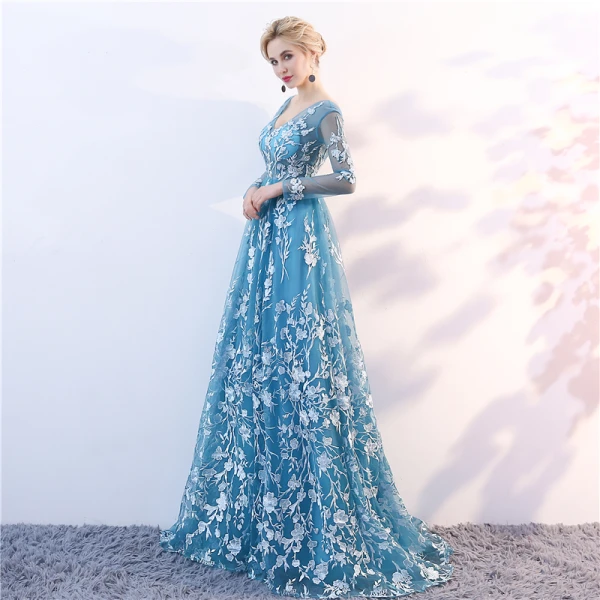 Élégant Bleu Transparentes Robe De Soirée 2018 Princesse V-Cou Manches Longues Appliques En Dentelle Train De Balayage Volants Dos Nu Robe De Ceremonie