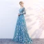 Élégant Bleu Transparentes Robe De Soirée 2018 Princesse V-Cou Manches Longues Appliques En Dentelle Train De Balayage Volants Dos Nu Robe De Ceremonie