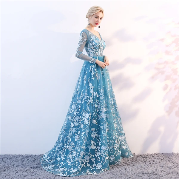 Élégant Bleu Transparentes Robe De Soirée 2018 Princesse V-Cou Manches Longues Appliques En Dentelle Train De Balayage Volants Dos Nu Robe De Ceremonie