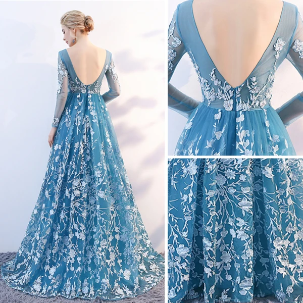 Élégant Bleu Transparentes Robe De Soirée 2018 Princesse V-Cou Manches Longues Appliques En Dentelle Train De Balayage Volants Dos Nu Robe De Ceremonie