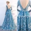 Élégant Bleu Transparentes Robe De Soirée 2018 Princesse V-Cou Manches Longues Appliques En Dentelle Train De Balayage Volants Dos Nu Robe De Ceremonie
