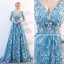Élégant Bleu Transparentes Robe De Soirée 2018 Princesse V-Cou Manches Longues Appliques En Dentelle Train De Balayage Volants Dos Nu Robe De Ceremonie