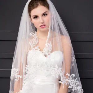 Hermoso 2017 1 5 M Blanco De Encaje Tul Apliques Exterior Jardín Velo De Novia