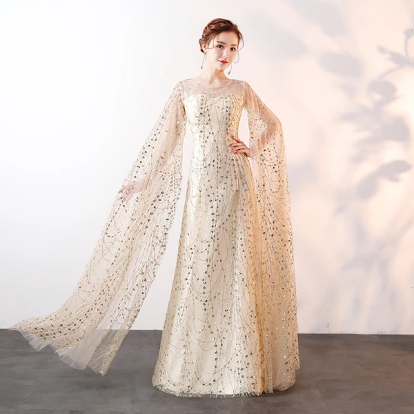Scintillantes Bling Bling Champagne Longue Robe De Soirée 2018 Princesse Tulle U-Cou Perlage Paillettes Soirée Robe De Ceremonie
