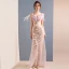 Sexy Blushing Pink Floor-Length / Long Evening Dresses  2018 Trumpet / Mermaid Tulle V-Neck Appliques Backless Beading Evening Party Formal Dresses