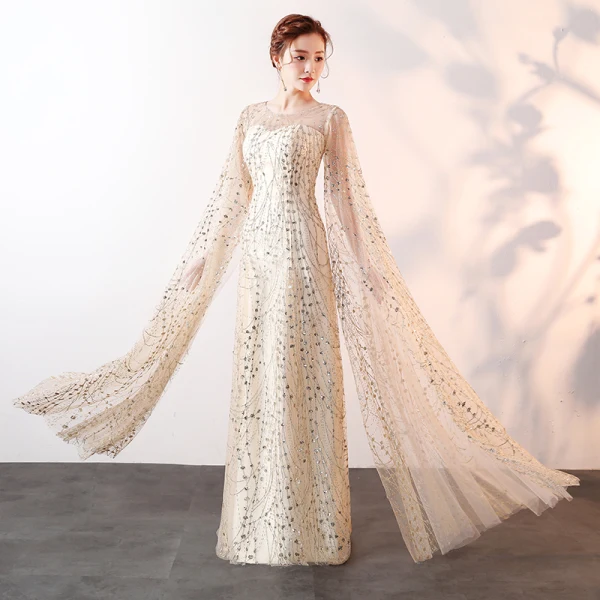 Scintillantes Bling Bling Champagne Longue Robe De Soirée 2018 Princesse Tulle U-Cou Perlage Paillettes Soirée Robe De Ceremonie