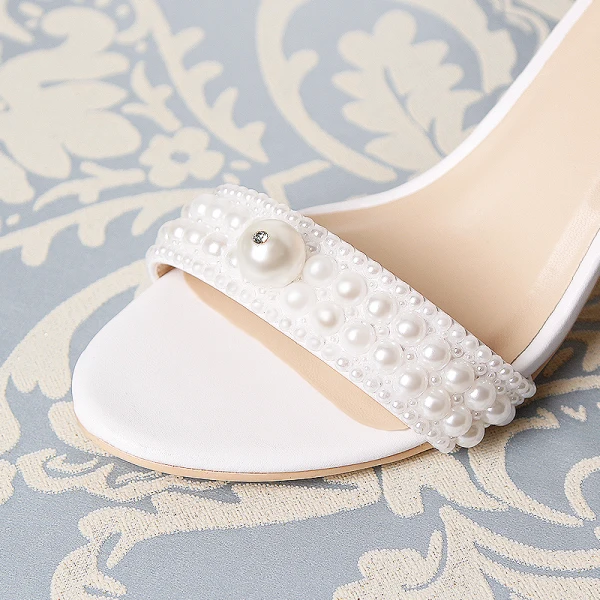 Amazing / Unique White Wedding Sandals 2019 7 cm Leather Beading Pearl Rhinestone Open / Peep Toe Stiletto Heels Wedding Shoes