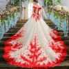 Chic / Beautiful White Wedding Dresses 2017 A-Line / Princess Lace Appliques Backless Beading Wedding
