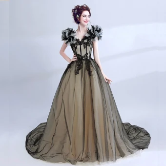 Classique Élégant Noire Robe De Bal 2018 Tulle V Cou Robe Boule Longue Appliques Dos Nu Brodé Robe De Ceremonie
