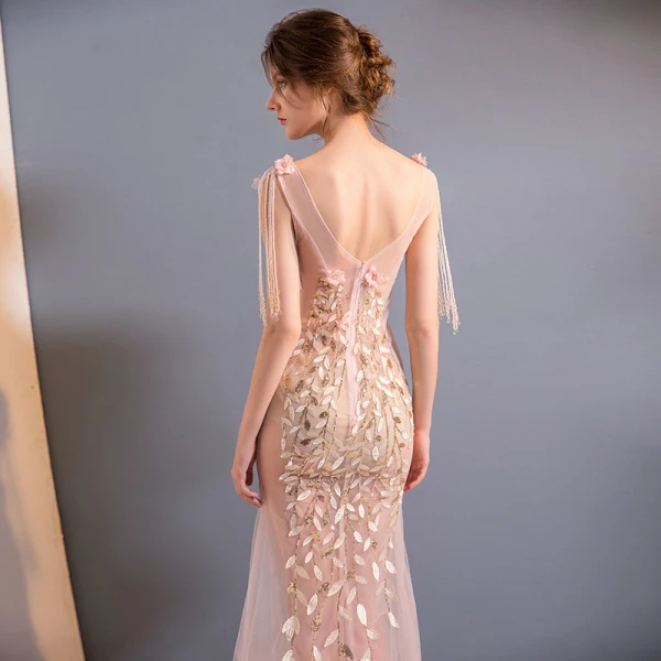 Sexy Blushing Pink Floor-Length / Long Evening Dresses 2018 Trumpet / Mermaid Tulle V-Neck Appliques Backless Beading Evening Party Formal Dresses