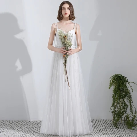 Modest / Simple White Floor-Length / Long Wedding 2018 A-Line / Princess Tulle Corset Beach Wedding Dresses