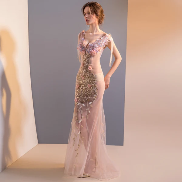 Sexy Blushing Pink Floor-Length / Long Evening Dresses 2018 Trumpet / Mermaid Tulle V-Neck Appliques Backless Beading Evening Party Formal Dresses