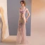 Sexy Blushing Pink Floor-Length / Long Evening Dresses  2018 Trumpet / Mermaid Tulle V-Neck Appliques Backless Beading Evening Party Formal Dresses