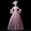 Vintage / Retro Medieval Candy Pink Ball Gown Prom Dresses 2021 Floor-Length / Long Long Sleeve 3D Lace Flower Embroidered Handmade  Beading Pearl Lace