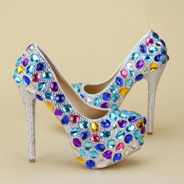 Bling Bling Multi-Couleurs 14 cm Escarpins Perlage Faux Diamant Talons Hauts À Bout Rond Promo Escarpins 2018