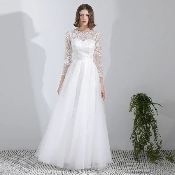 Chic / Beautiful White Floor-Length / Long Wedding 2018 A-Line / Princess Lace-up U-Neck Tulle Backless Beading Sequins Wedding Dresses