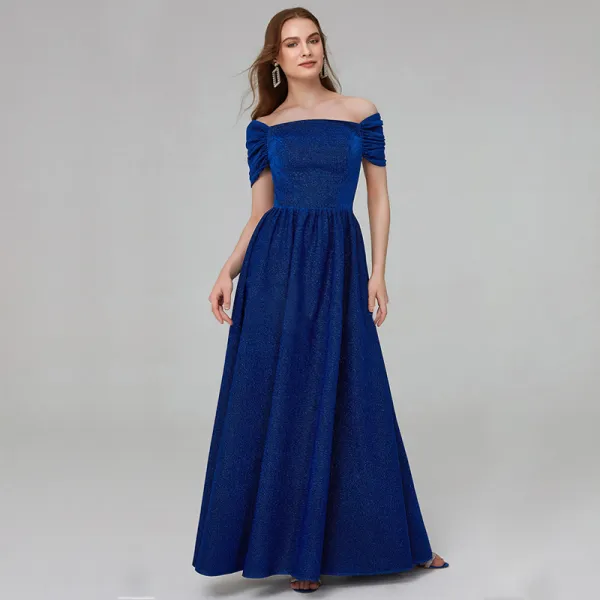 Chic / Beautiful Royal Blue Mother Of The Bride Dresses 2020 A-Line / Princess Floor-Length / Long Short Sleeve Backless Beading Sequins Wedding Evening Party Wedding Party Dresses