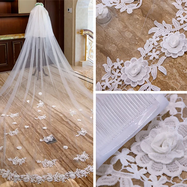 Flower Fairy White Royal Train Wedding Tulle Lace Flower Appliques Wedding Veils 2018