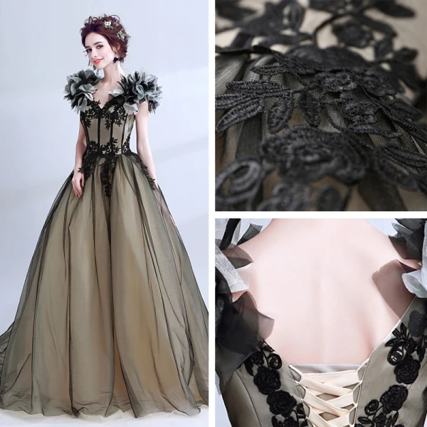 Klassisch Elegante Schwarz Ballkleider 2018 Tülle V-Ausschnitt Ballkleid Lange Applikationen Rückenfreies Stickerei Festliche Kleider