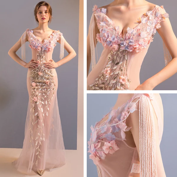 Sexy Blushing Pink Floor-Length / Long Evening Dresses 2018 Trumpet / Mermaid Tulle V-Neck Appliques Backless Beading Evening Party Formal Dresses