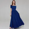 Piękne Królewski Niebieski Sukienki Na Wesele Dla Mamy 2020 Princessa Długie Kótkie Rękawy Bez Pleców Frezowanie Cekiny Ślub Wieczorowe Sukienki Na Wesele