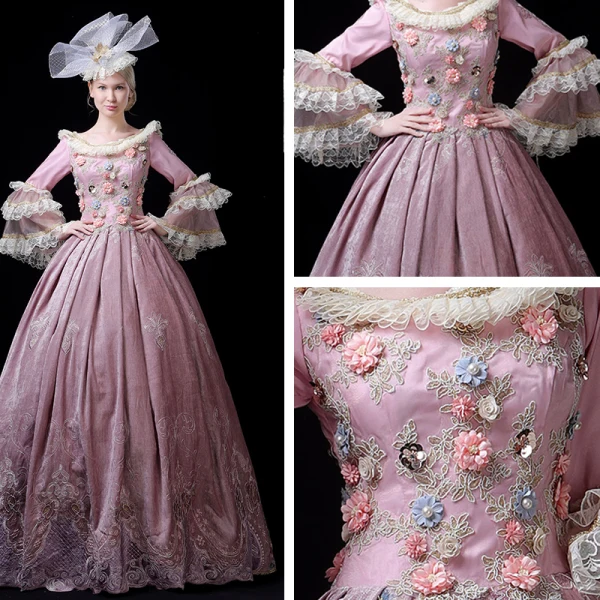 Vintage / Retro Medieval Candy Pink Ball Gown Prom Dresses 2021 Floor-Length / Long Long Sleeve 3D Lace Flower Embroidered Handmade Beading Pearl Lace