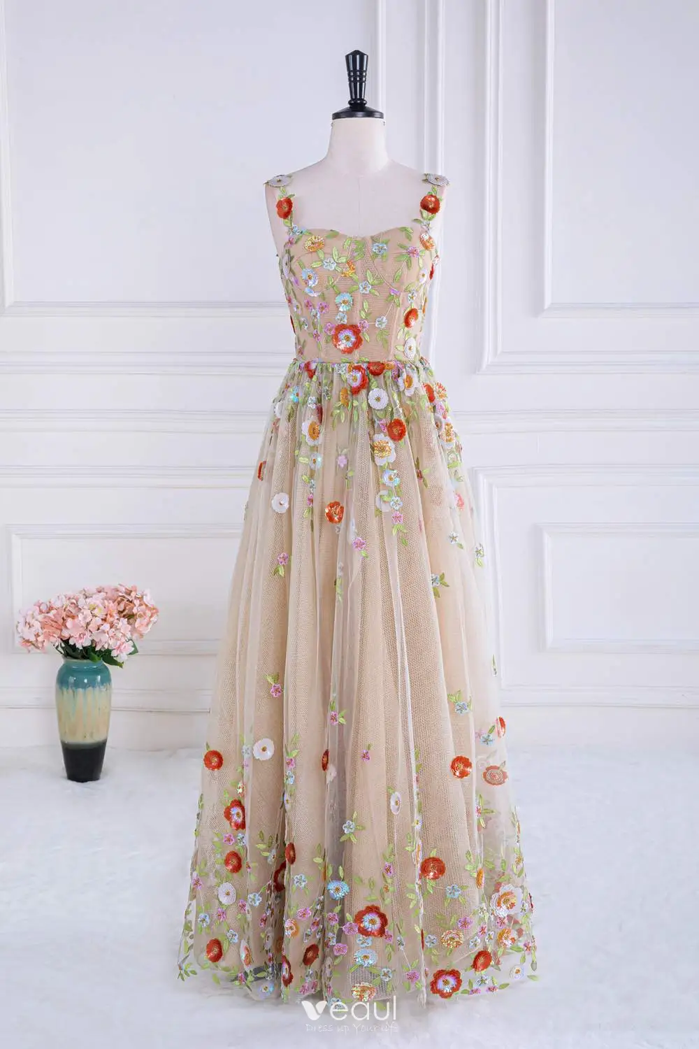 Flower Fairy Champagne 3d Lace Embroidered Floral Prom Dresses 2024 Flower Tulle Zipper Up Spaghetti Straps Sleeveless Formal Dresses Flower Fairy Champagne 3d Lace Embroidered Floral Prom Dresses 2024 Flower Tulle Zipper Up Spaghetti Straps Sleeveless Formal Dresses