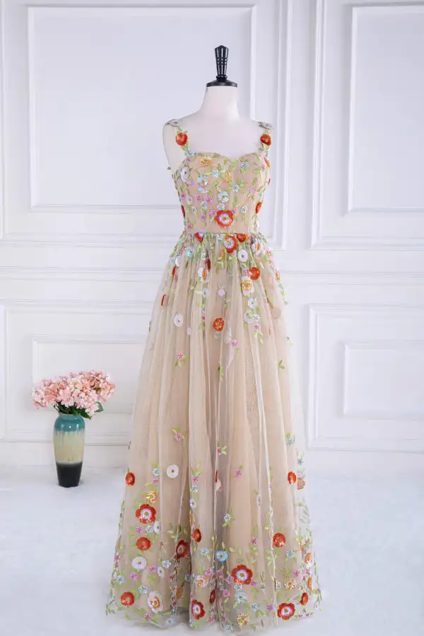 Blumenfee Champagner 3D Spitze Stickerei Blumen Ballkleider 2024 Blumen Tülle Reißverschluss Spaghettiträger Ärmellos Festliche Kleider
