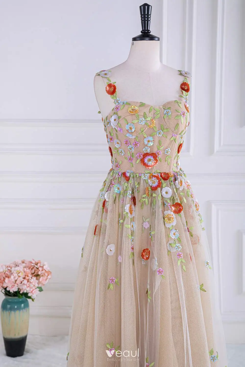 Flower Fairy Champagne 3D Lace Embroidered Floral Prom Dresses 2024 Flower  Tulle Zipper Up Spaghetti Straps