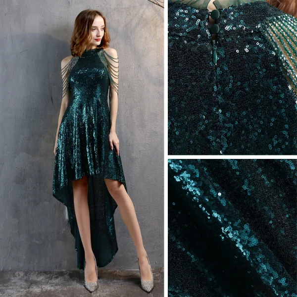 Chic / Belle Vert Foncé Paillettes Robe De Fête 2022 Princesse Encolure Dégagée Perlage Gland Sans Manches Asymétrique Soirée Robe De Soirée Robe De Ceremonie