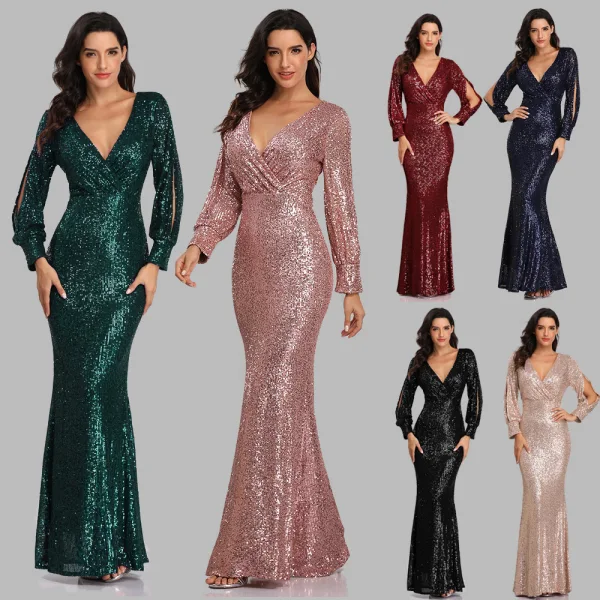 Sparkly Black Sequins Evening Dresses 2023 Trumpet / Mermaid V-Neck Long Sleeve Floor-Length / Long Evening Party Formal Dresses