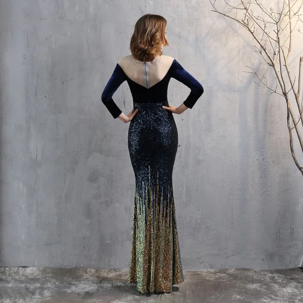 Chic / Beautiful Black Sequins Evening Dresses 2022 Trumpet / Mermaid Scoop Neck Long Sleeve Floor-Length / Long Evening Party Formal Dresses