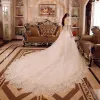 Luxury / Gorgeous Church Wedding Dresses 2017 White Ball Gown Royal Train Off-The-Shoulder Short Sleeve Backless Lace Appliques Beading Flower Pearl Sequins