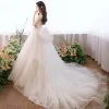 Chic / Beautiful Church Wedding Dresses 2017 White Ball Gown Cathedral Train Sweetheart Sleeveless Backless Lace Appliques Beading Sequins