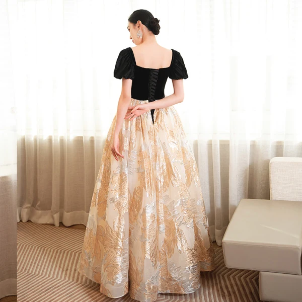 Chic / Beautiful Black Prom Dresses 2023 A-Line / Princess Pearl Square Neckline Short Sleeve Backless Floor-Length / Long Prom Formal Dresses