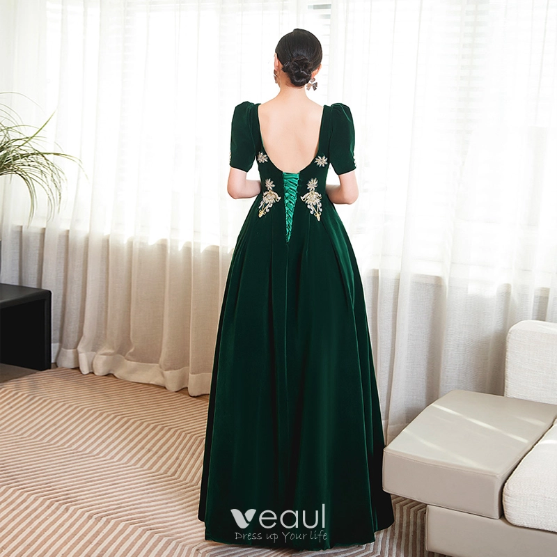 green long sleeve backless dress Black Tea-Length Open-Back Party Dress– PromGirl