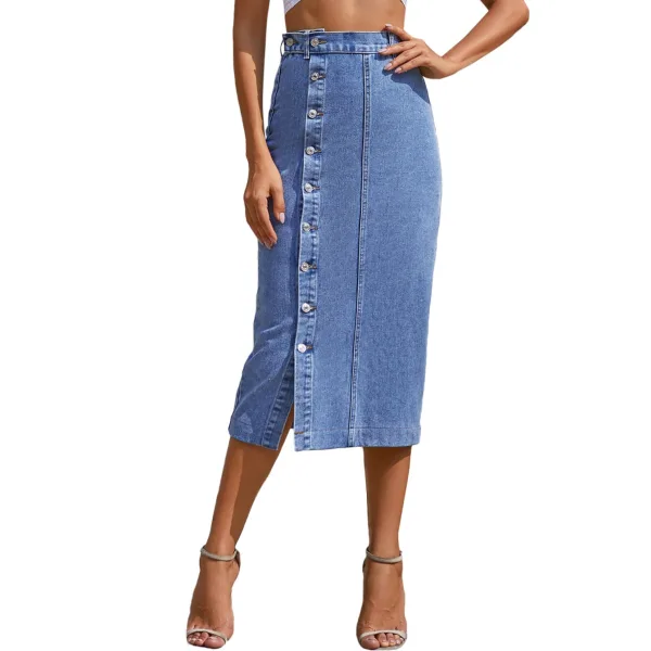 Fashion Casual Women Ocean Blue Denim Skirts 2021 Buckle Split Front Tea-length Bottoms