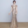 Sparkly Formal Dresses 2017 Evening Dresses  Gold Sequins Trumpet / Mermaid Floor-Length / Long Scoop Neck Short Sleeve Backless