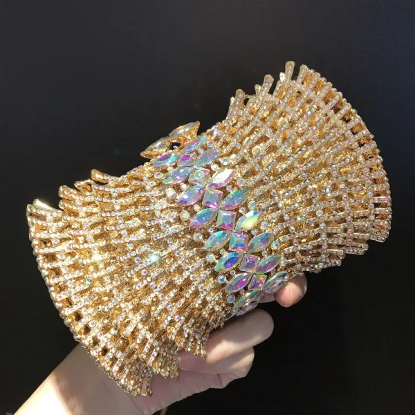Unusual Sparkly Gold Pierced Rhinestone Evening Party Clutch Bags 2022