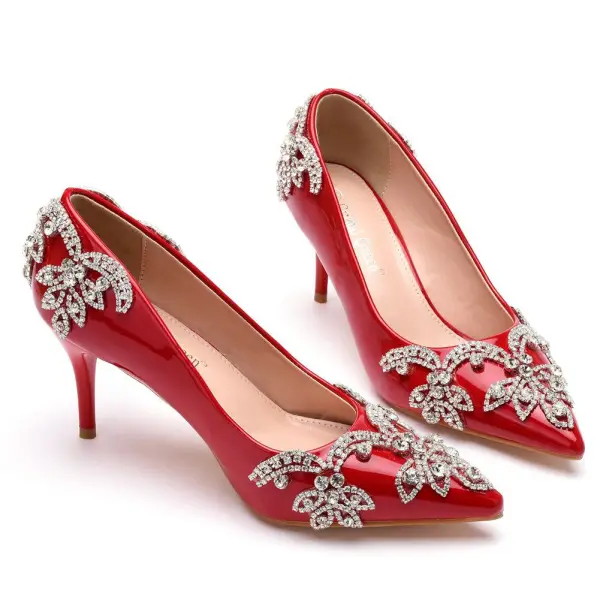 Schöne Rot Abend Strass Pumps 2023 7 cm Stilettos Spitzschuh Pumps Hochhackige