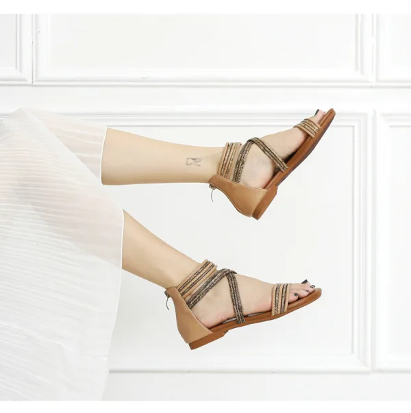 Bohême Été Noire Plage Plate Sandales Femme 2022 Bride Cheville Peep Toes / Bout Ouvert Sandales