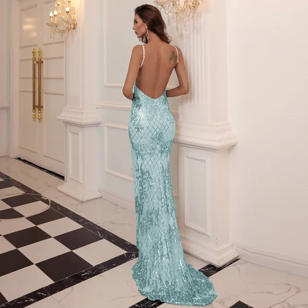 Sexy Mint Green Sequins Summer Evening Dresses 2022 Trumpet / Mermaid Spaghetti Straps Sleeveless Backless Sweep Train Evening Party Formal Dresses