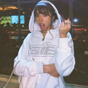 Comfortable White Rhinestone Tops Sweatshirts Letter Graphic Polyester Loose Hooded Street Wear Long Sleeve Zipper Hoodies 2021