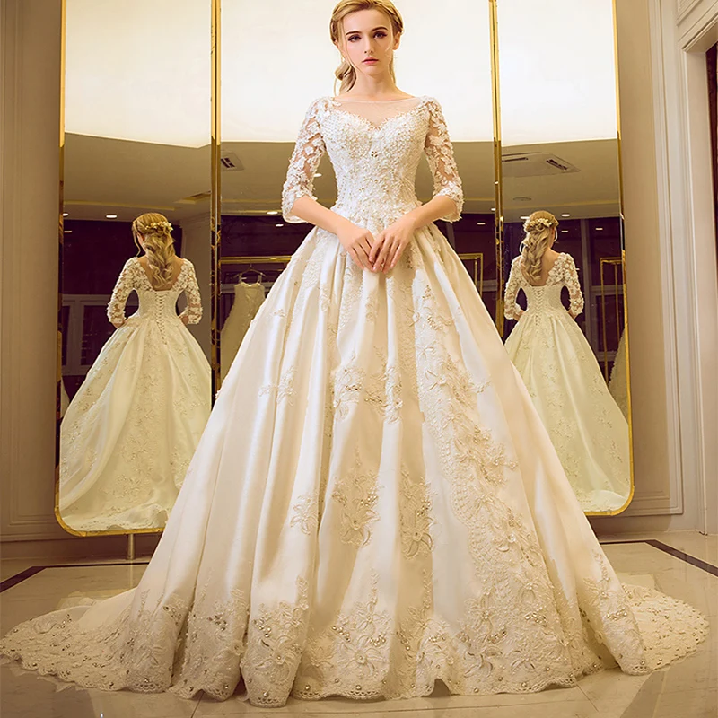 Vintage Retro Church Wedding Dresses 2017 Lace Flower Crystal Rhinestone  Scoop Neck Backless 1 2 Sleeves Ivory Ball Gown Cathedral Train