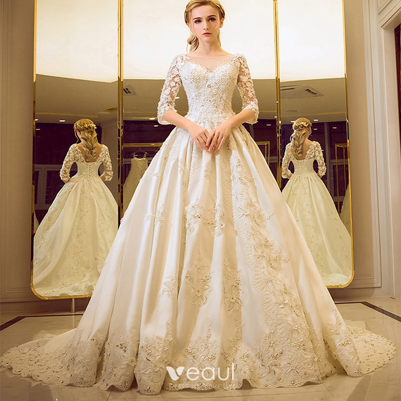 Vintage Retro Church Wedding Dresses 2017 Lace Flower Crystal Rhinestone Scoop Neck 1 2