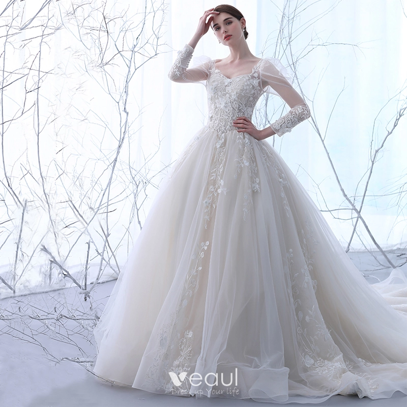 Elegant Champagne See through Wedding Dresses 2018 A Line