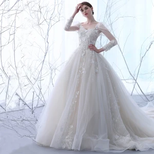 Elegant Champagne Gjennomsiktig Brudekjoler 2018 Prinsesse V Hals Langermede Ryggløse Appliques Blonder Perle Buste Cathedral Train