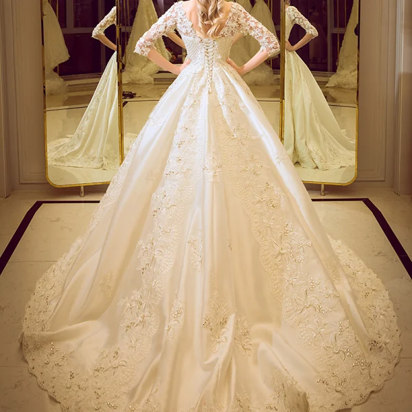 Vintage / Retro Church Wedding Dresses 2017 Lace Flower Crystal Rhinestone Scoop Neck Backless 1/2 Sleeves Ivory Ball Gown Cathedral Train