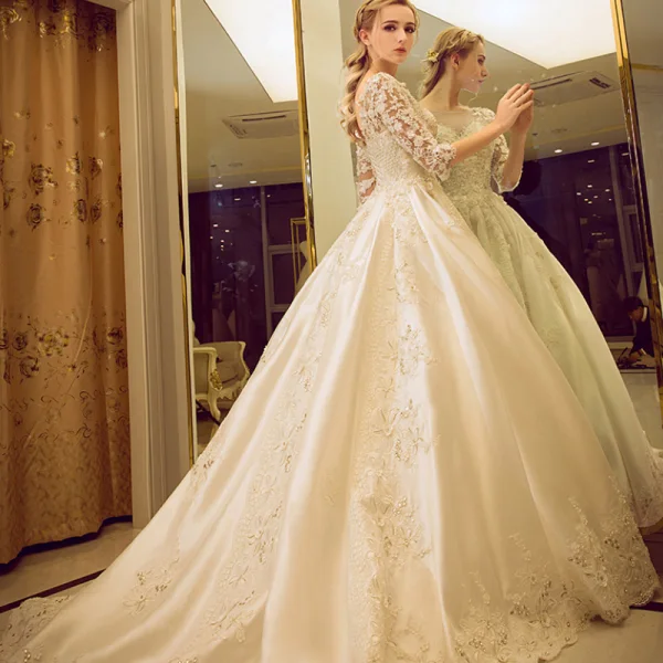 Vintage / Retro Church Wedding Dresses 2017 Lace Flower Crystal Rhinestone Scoop Neck Backless 1/2 Sleeves Ivory Ball Gown Cathedral Train